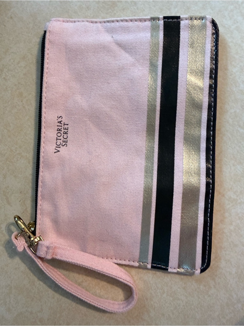 Victoria's Secret Pink Canvas Wristlet with Metallic and Black Stripes
